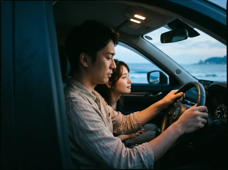 Couple Profiles in a Car at Blue Hour by the Sea — AI-generated photograph