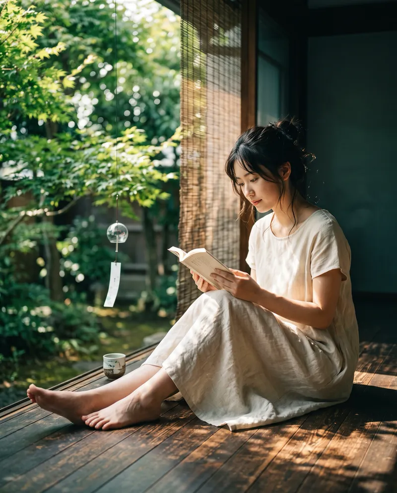Woman Reading on a Wooden Veranda — AI-generated photograph
