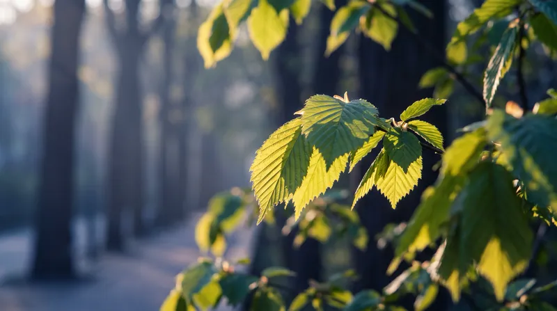 Backlit Fresh Green Leaves With Misty Depth — AI-generated photograph