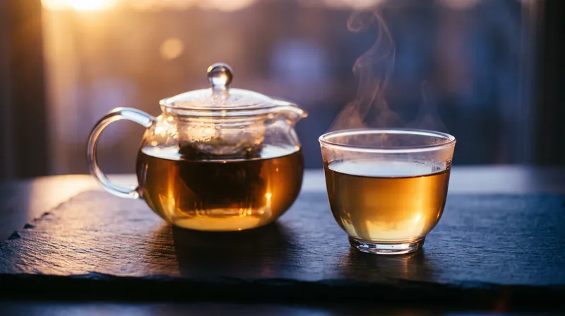 Backlit Glass Teapot in Amber Dusk Light — AI-generated photograph