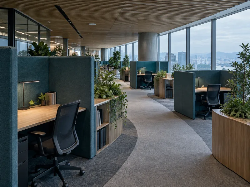 Focus Booths Beneath a Timber Office Ceiling — AI-generated photograph