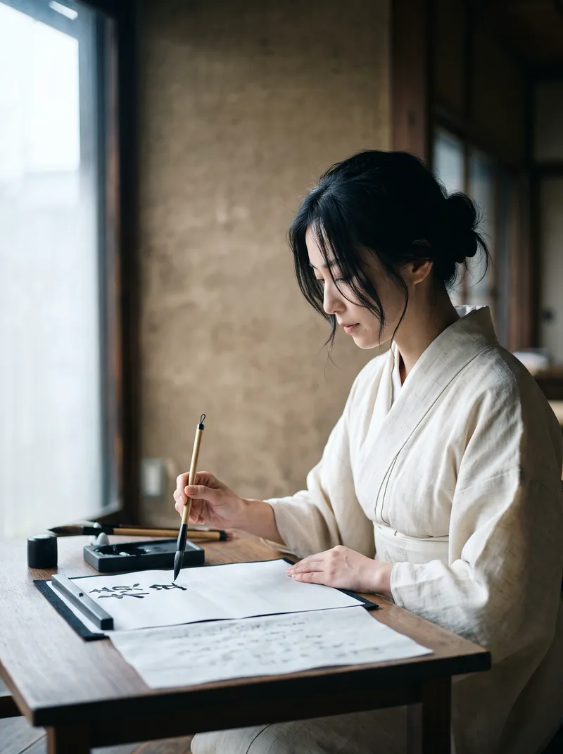 Woman Writing Calligraphy by an Overcast Window — AI-generated photograph