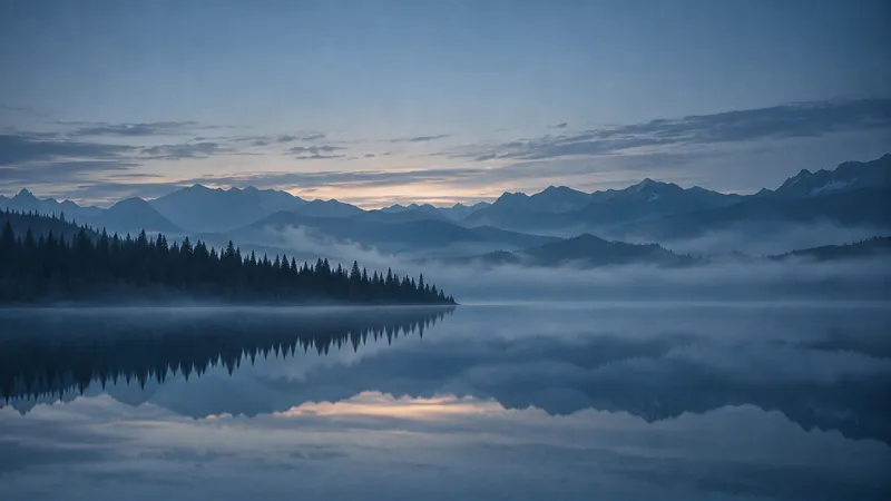 Conifer Peninsula Reflected in Dawn Lake — AI-generated photograph