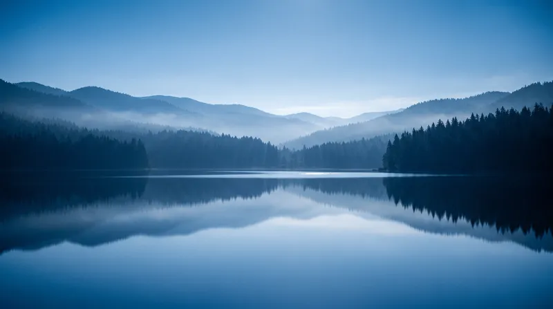 Conifer Ridges Mirrored on a Dawn Lake — AI-generated photograph