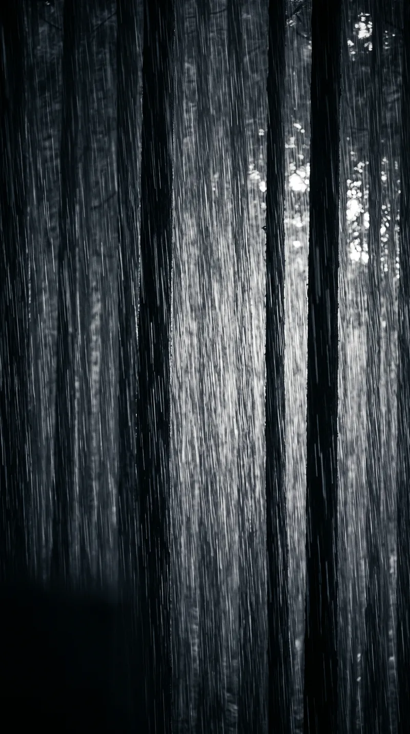 Backlit Rain Between Cedar Trunks in Monochrome — AI-generated photograph