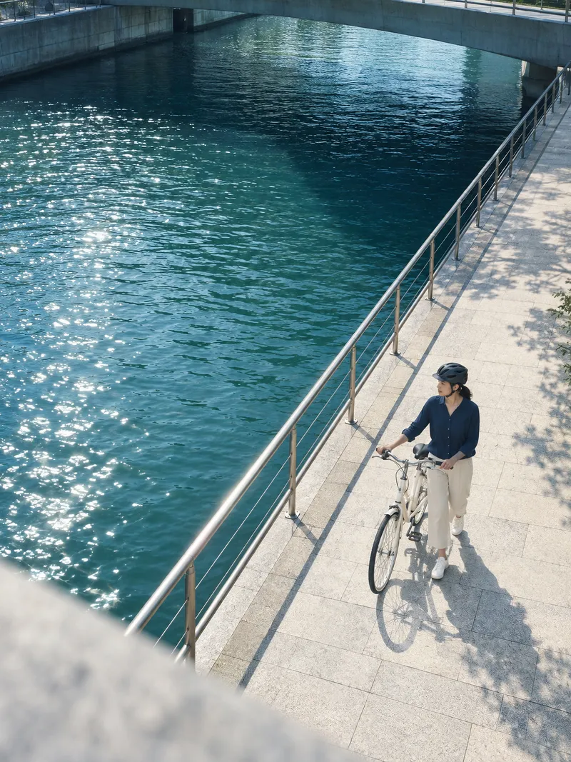 Woman Walking a Bicycle Beside Water — AI-generated photograph
