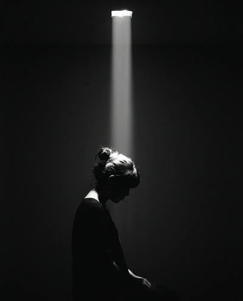 Downcast Profile Under a Shaft of Light — AI-generated photograph