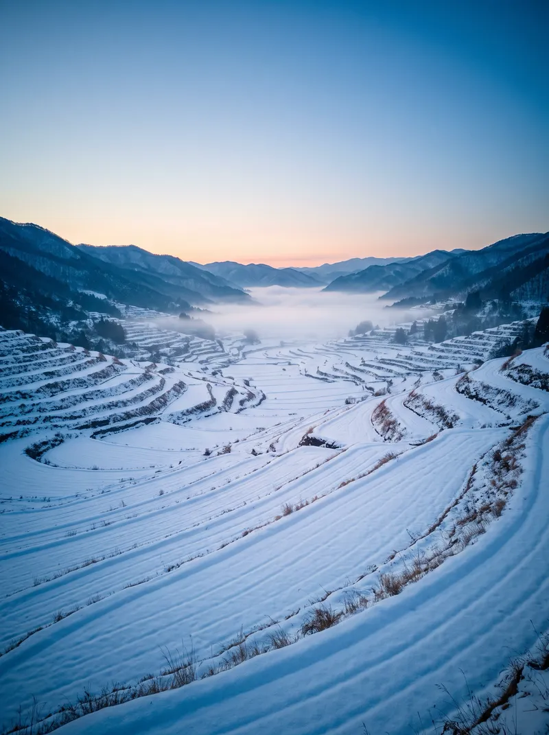 Snow-Covered Terraced Fields Before Sunrise — AI-generated photograph