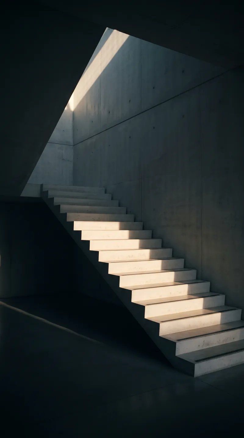 Cantilever Concourse Staircase in Low Raking Light — AI-generated photograph