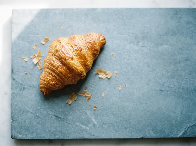 Croissant on a Cool Blue-Gray Slab from Above — AI-generated photograph
