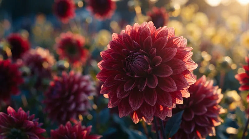 Backlit Crimson Dahlia With Violet Shadows — AI-generated photograph