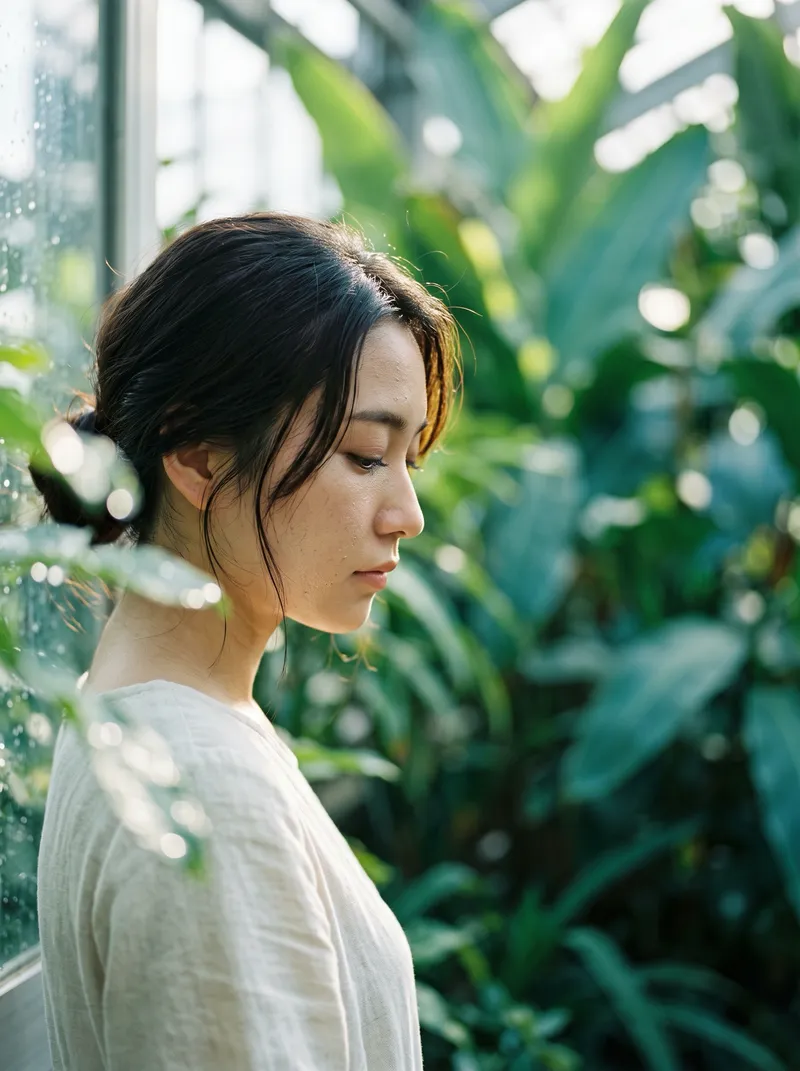 Woman Among Greenhouse Plants in Dappled Light — AI-generated photograph
