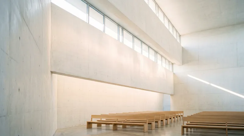 White Concrete Chapel Interior in Pale Daylight — AI-generated photograph