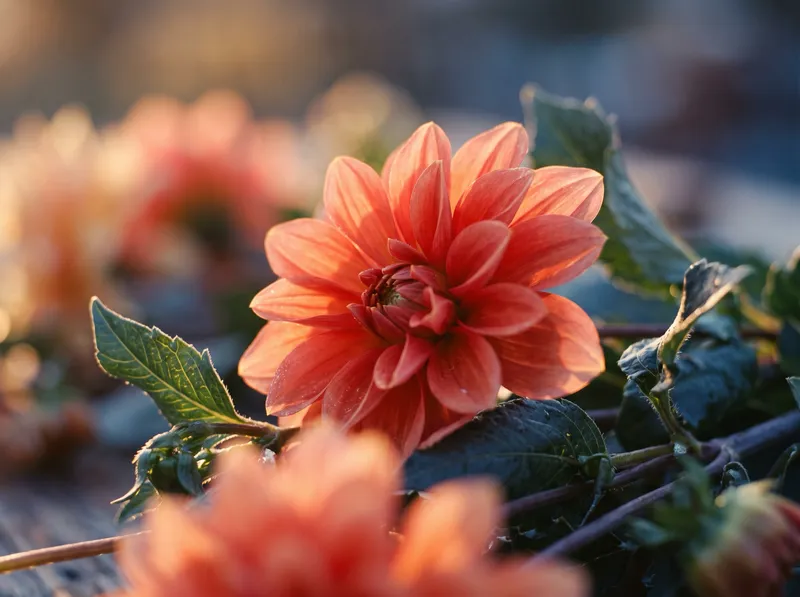 Backlit Coral Dahlia With Violet Shadows — AI-generated photograph