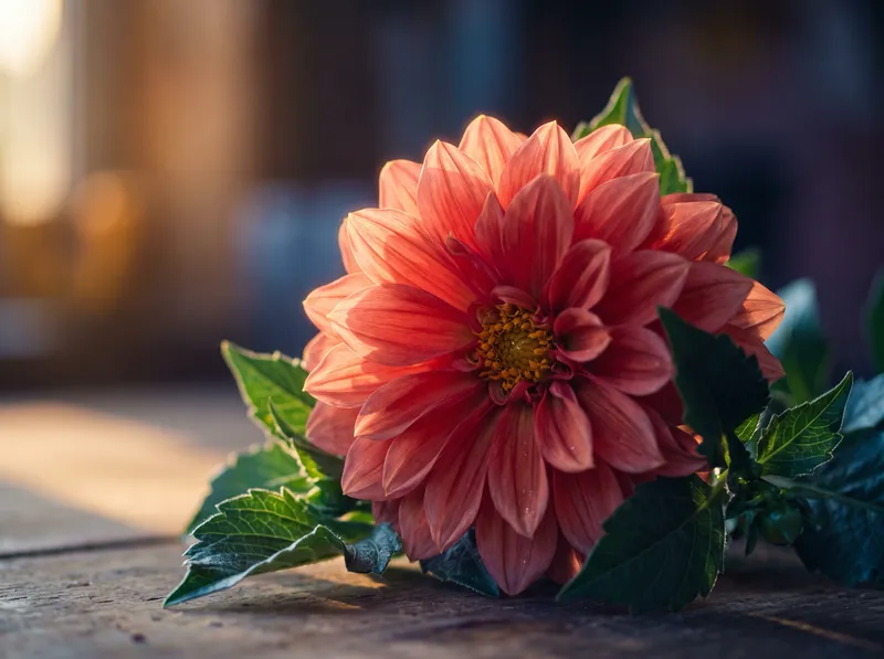 Backlit Coral Dahlia With Violet Shadows — AI-generated photograph