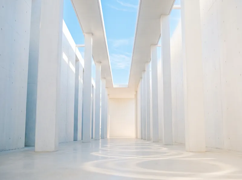 High-Key White Concrete Corridor in Soft Daylight — AI-generated photograph