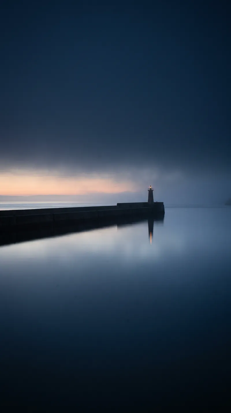 Breakwater and Lighthouse Mirrored in a Foggy Harbor — AI-generated photograph