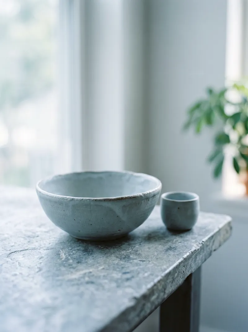 Blue-Grey Ceramic Bowl in Cool Morning Light — AI-generated photograph