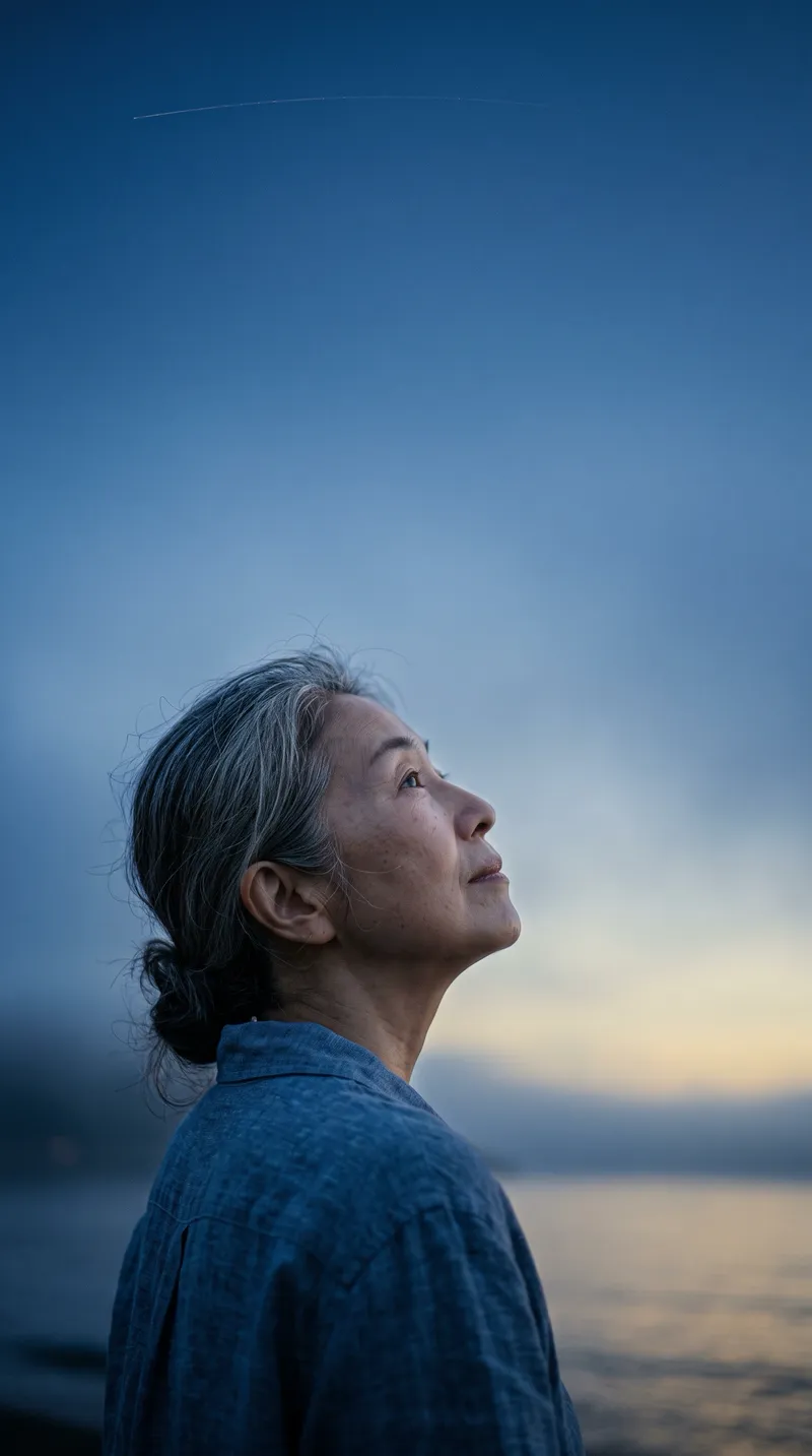 Elderly Woman's Profile in Blue Sea Mist — AI-generated photograph