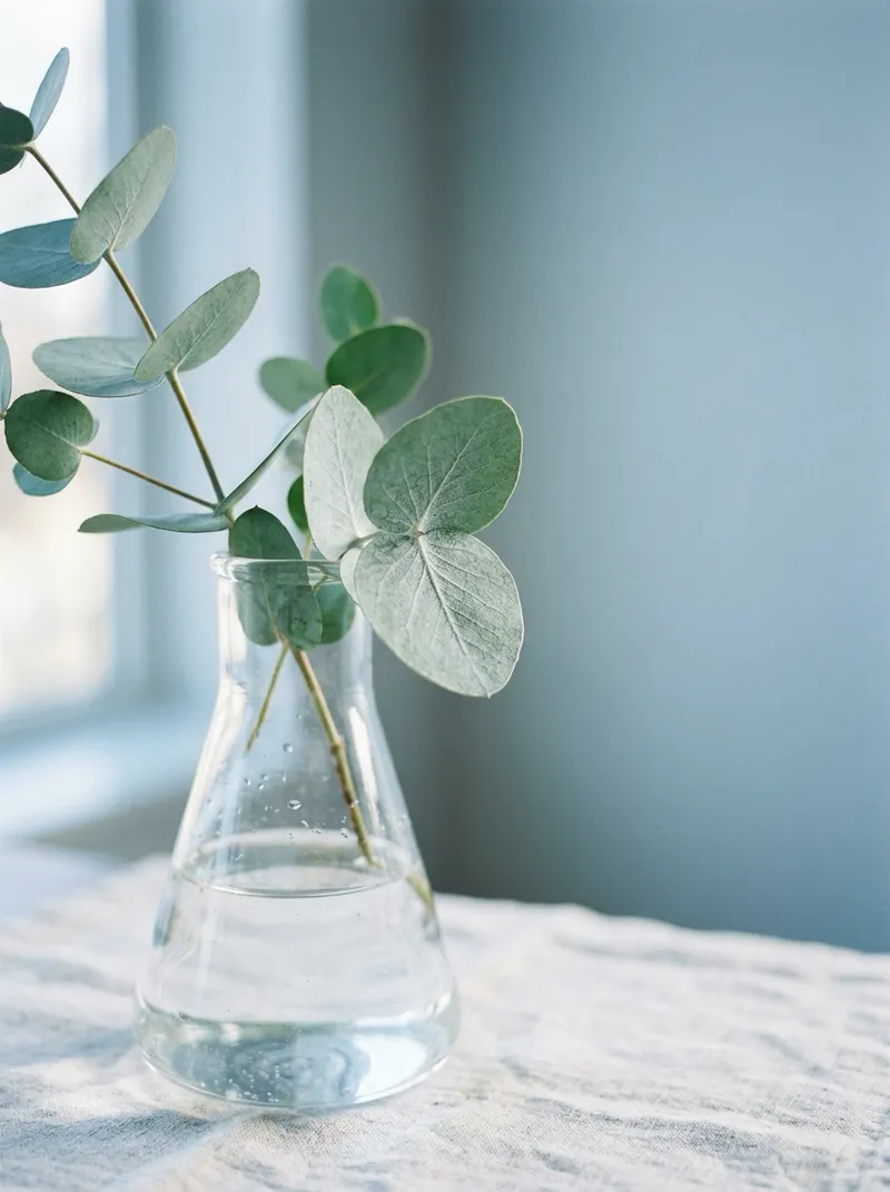 Silver Eucalyptus in a Glass Flask — AI-generated photograph