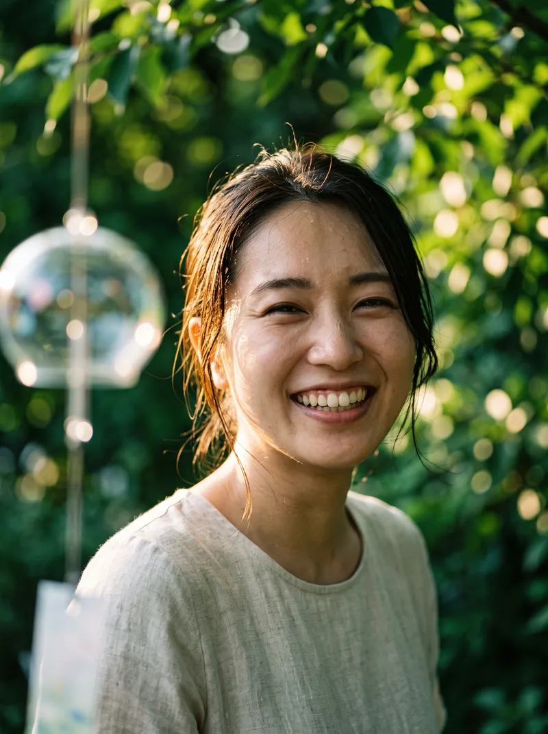 Young Woman Laughing in Dappled Green Shade — AI-generated photograph
