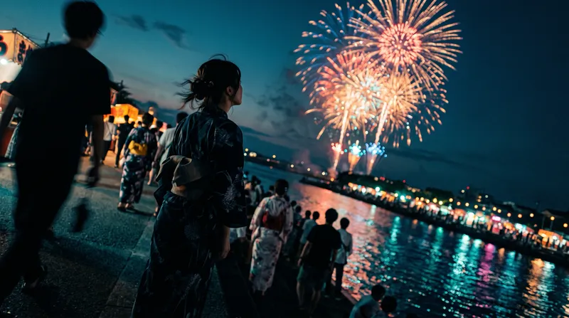 Yukata Figure Watching Fireworks Over a River — AI-generated photograph