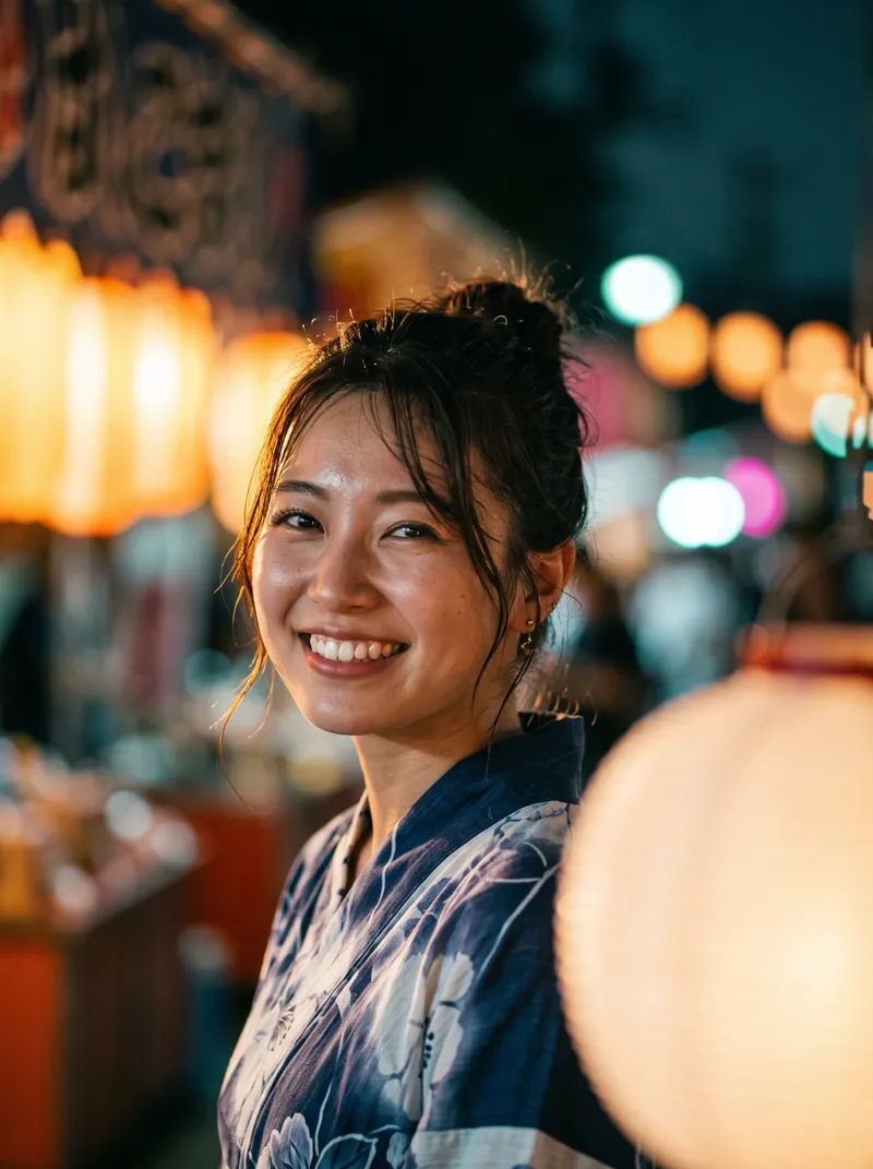 Woman in Yukata Lit by Warm Festival Lanterns — AI-generated photograph