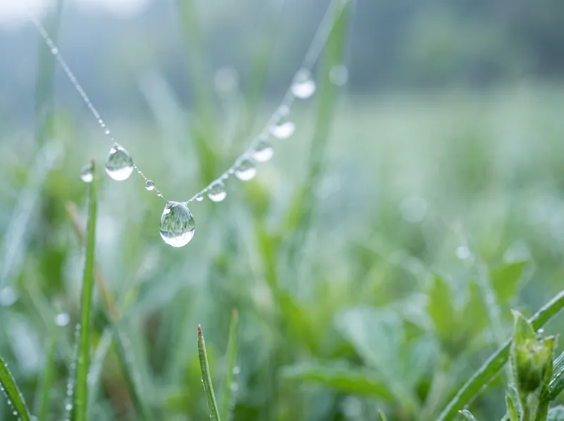 Raindrops Strung on a Spiderweb in Cool Green Light — AI-generated photograph