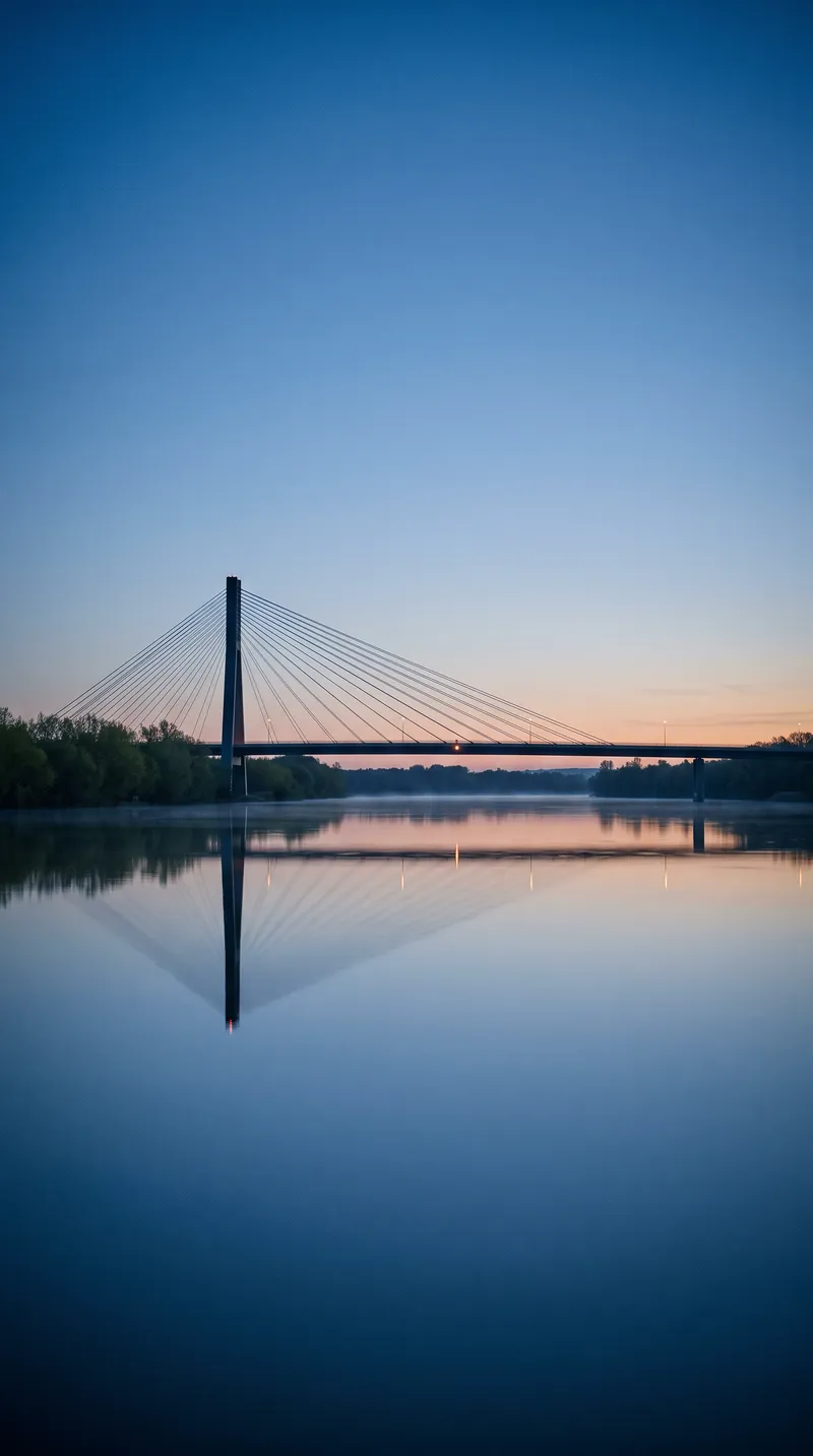 Cable-Stayed Bridge Mirrored in Still Water — AI-generated photograph