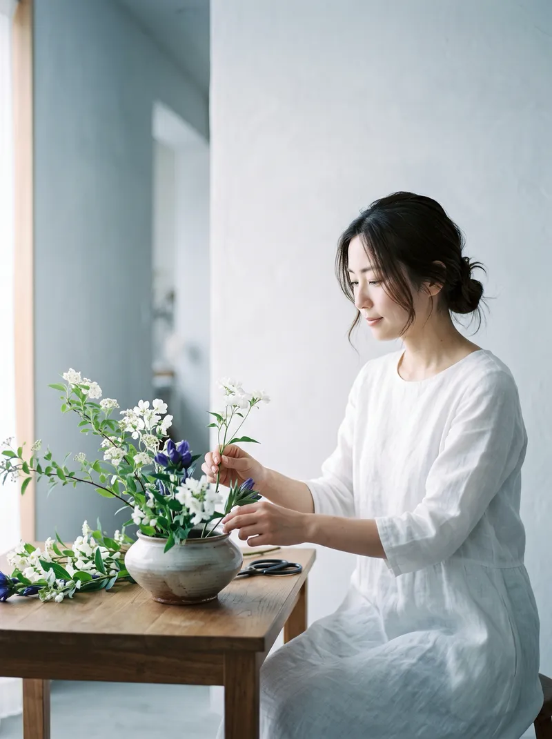 Woman Arranging White Flowers in Cool Light — AI-generated photograph
