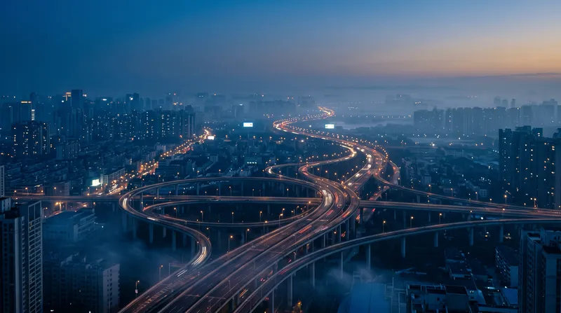 Layered Highway Interchange in Blue Hour Haze — AI-generated photograph
