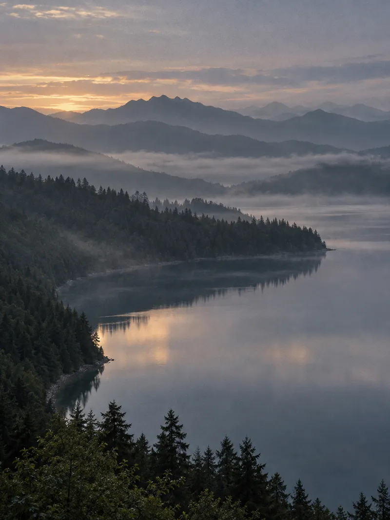 Curved Bay Below Misty Mountain Ridges — AI-generated photograph