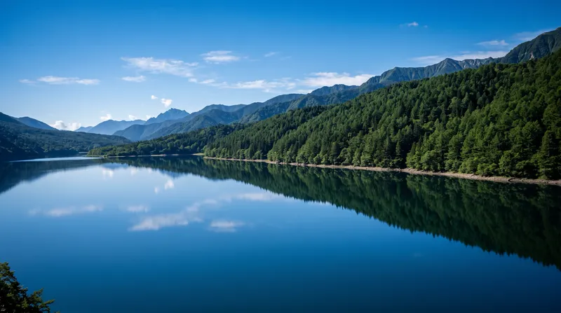 Mountain Lake Mirroring a Conifer Forest — AI-generated photograph