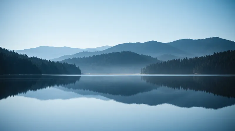 Dawn Mist Over Conifer Ridges and a Mirror Lake — AI-generated photograph