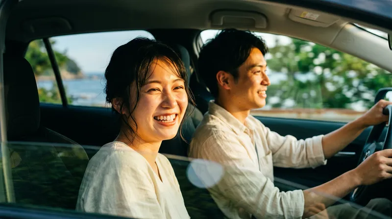 Smiling Couple Driving the Coast in Golden Light — AI-generated photograph