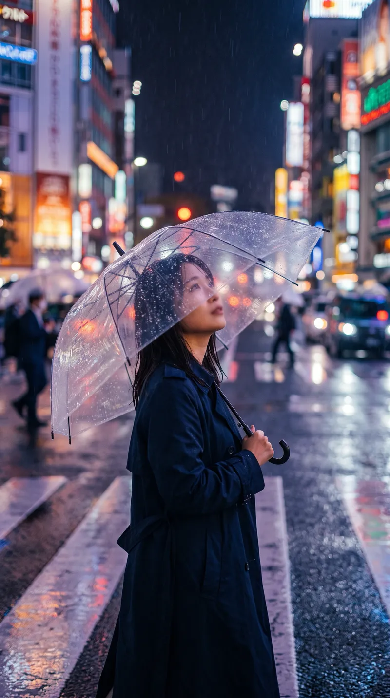 Woman with a Clear Umbrella at a Neon Crosswalk — AI-generated photograph