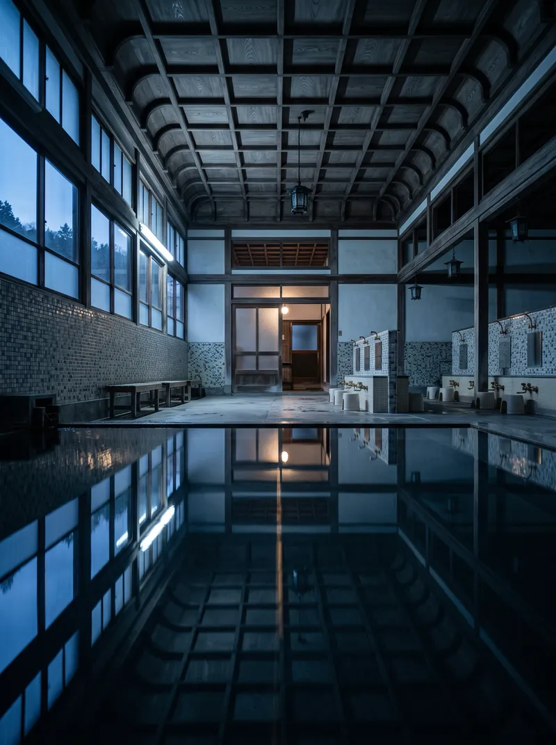Empty Public Bathhouse Reflected in Still Water — AI-generated photograph