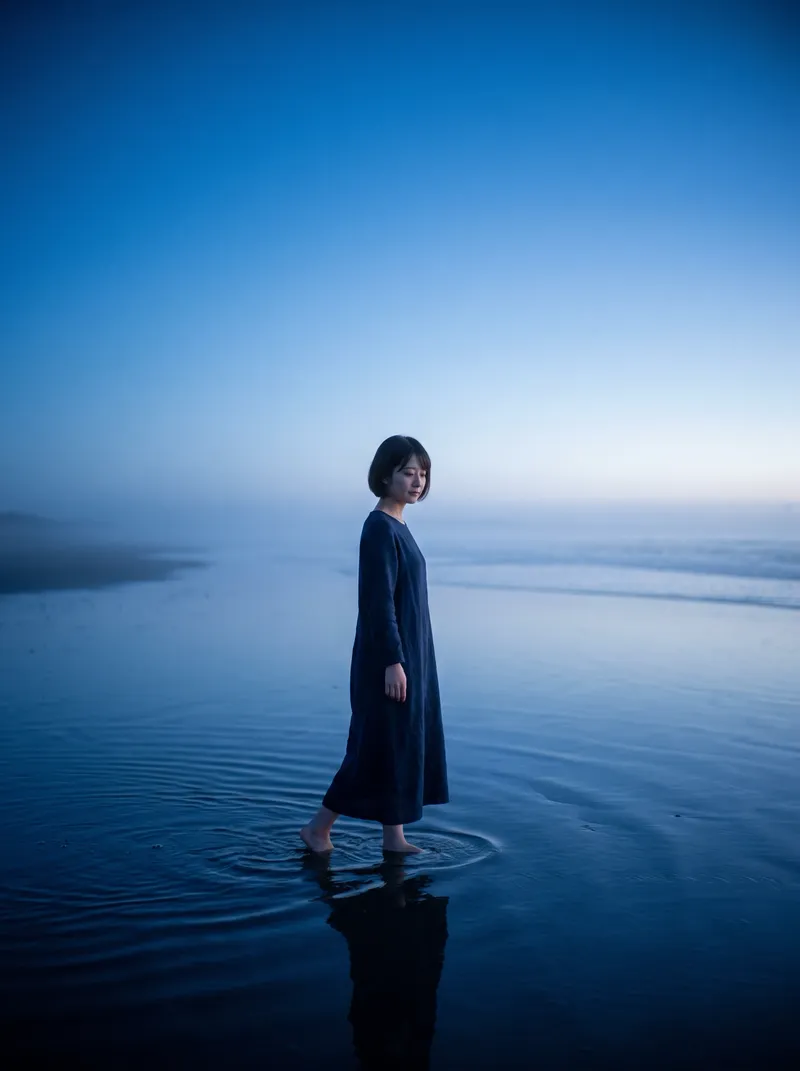 Woman by the Shore in Blue Predawn Light — AI-generated photograph