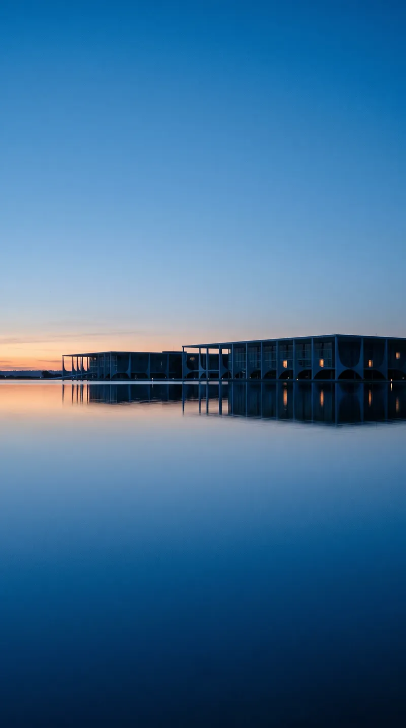 Distant Colonnade Mirrored in Still Water — AI-generated photograph