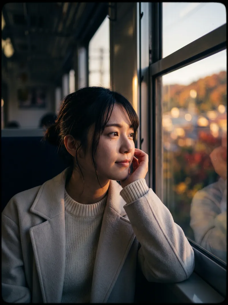 Woman Watching Autumn Dusk From a Train Window — AI-generated photograph