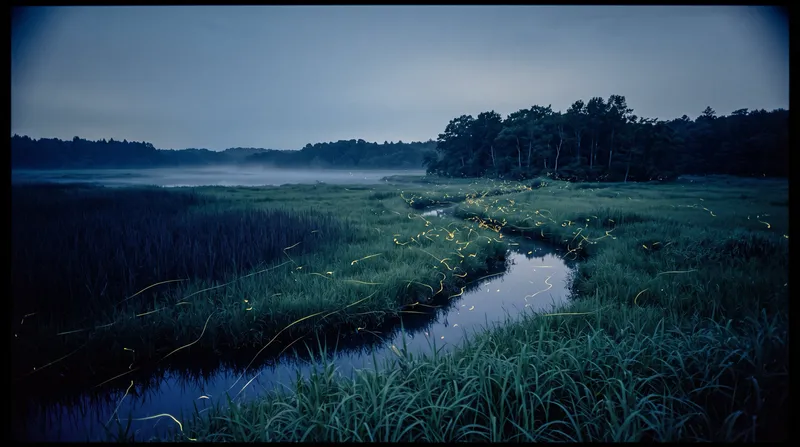 Firefly Trails Over a Night Wetland — AI-generated photograph