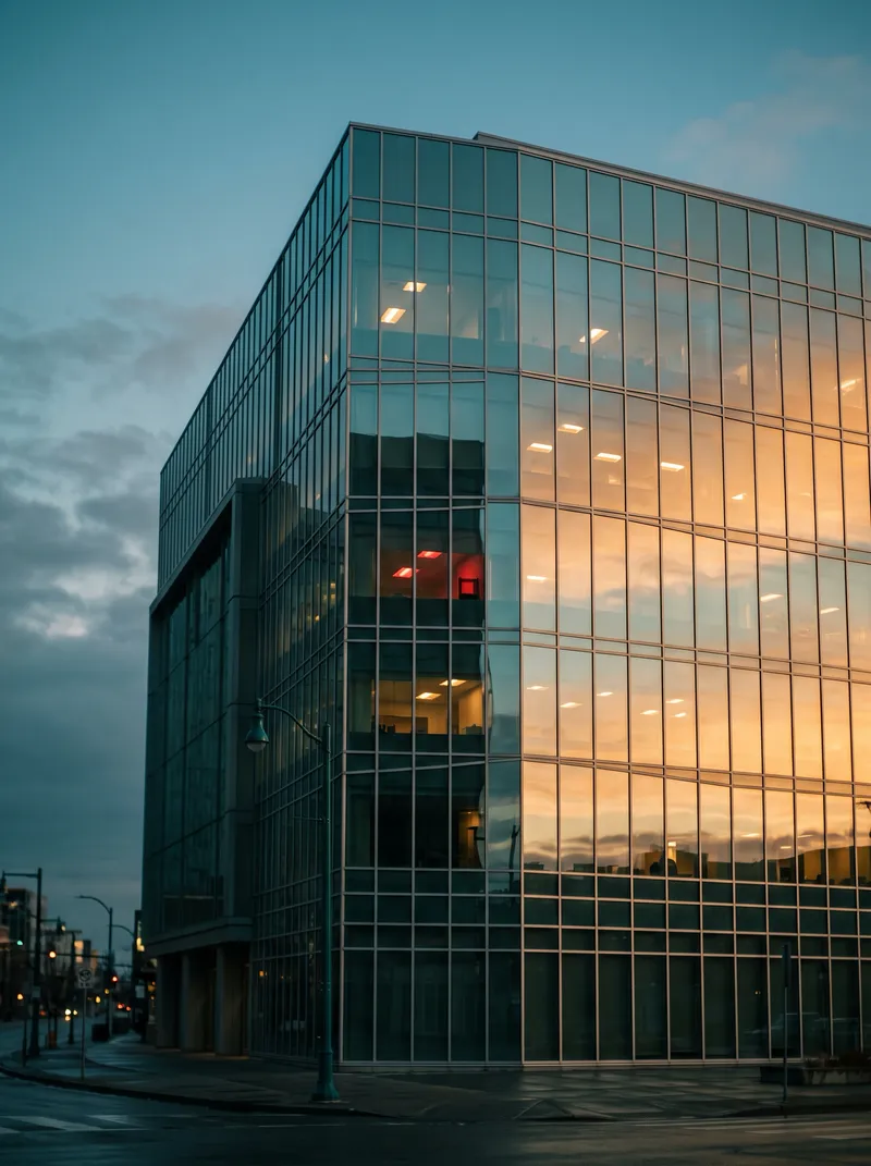 Twilight Sky Mirrored in a Glass Tower — AI-generated photograph
