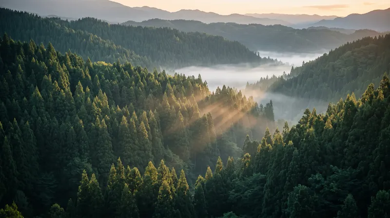 Sunbeams Over a Misty Cedar Forest at Dawn — AI-generated photograph