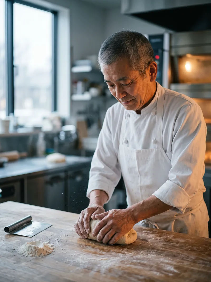 Elderly Master Baker Shaping Dough — AI-generated photograph