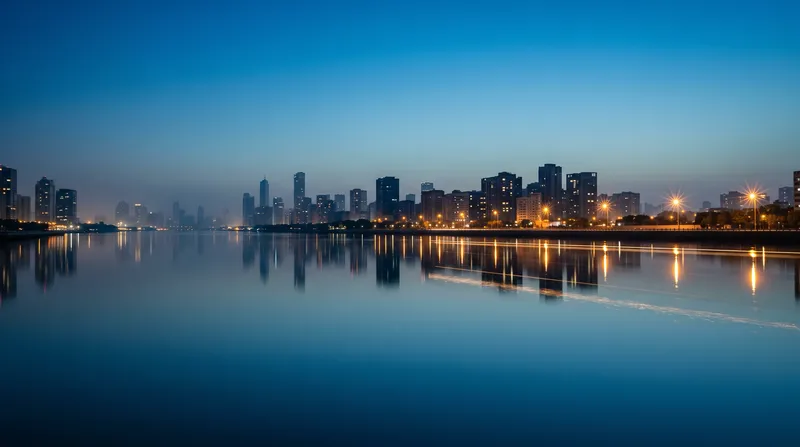 City Skyline Reflected in a Calm Canal — AI-generated photograph