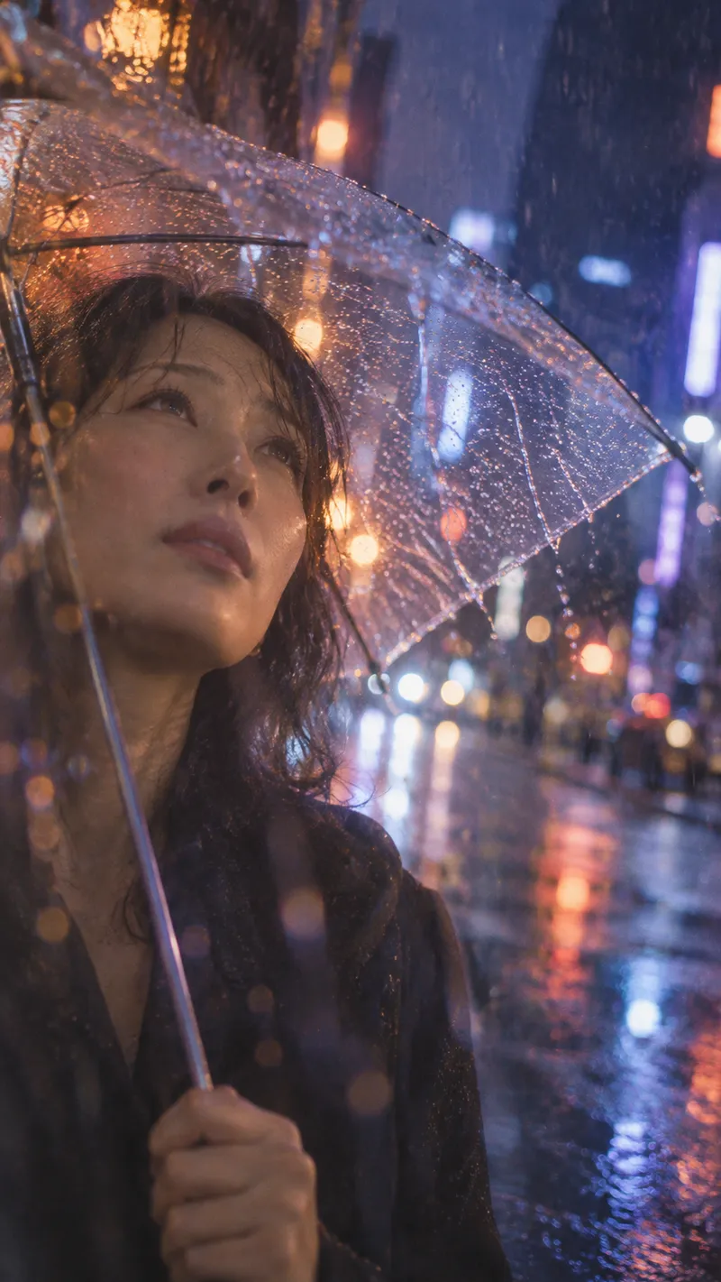 Middle-Aged Woman Beneath a Rainy Clear Umbrella — AI-generated photograph