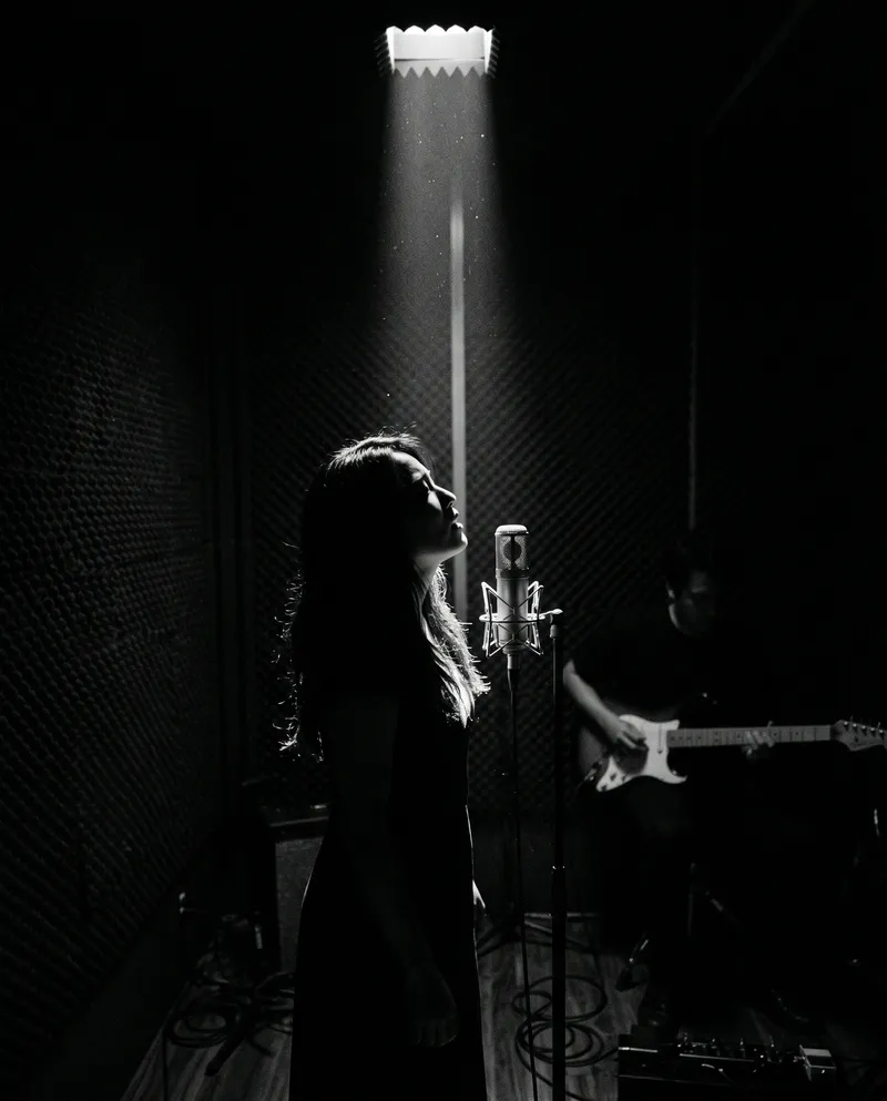 Woman Singing at a Microphone in Shadow — AI-generated photograph