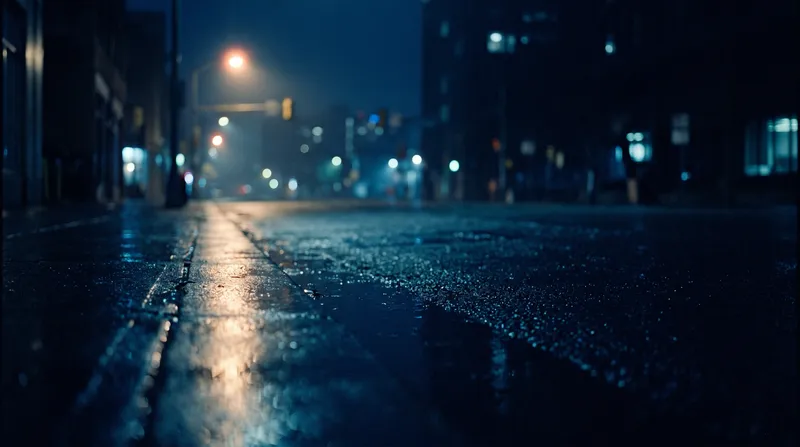 Wet Asphalt Reflecting Night City Lights — AI-generated photograph