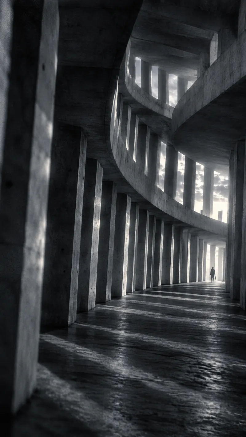 Figure With Umbrella in Concrete Colonnade — AI-generated photograph