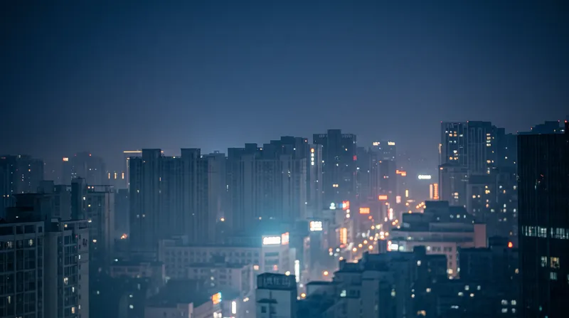 Layered Neon Cityscape in Winter Night Haze — AI-generated photograph